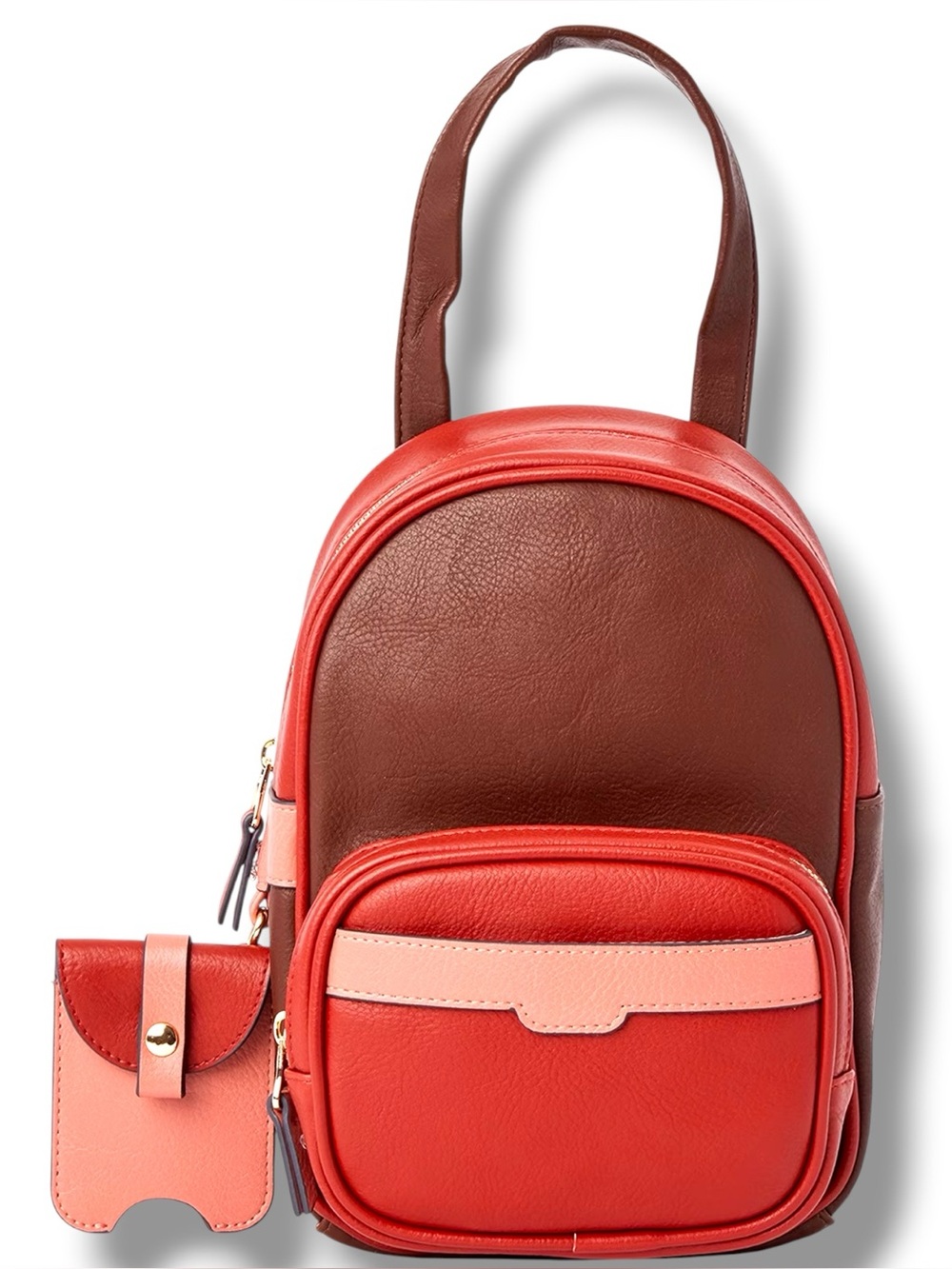 Colorblock Small Backpack Red Brown Faux Leather Vegan Adjustable Travel